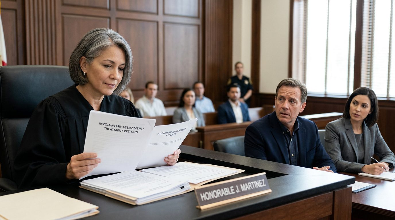 Judge reviewing Marchman Act commitment petition documents in Florida courtroom.