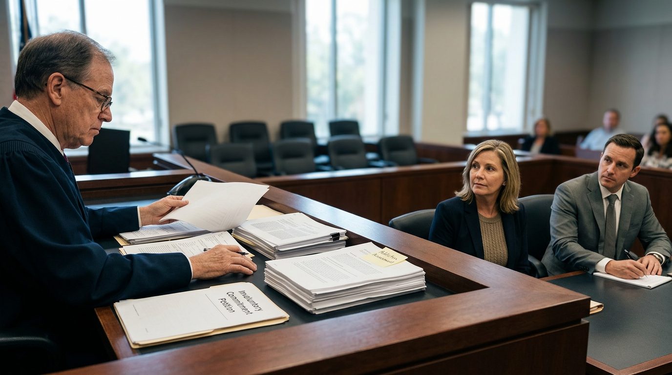 Judge reviewing Marchman Act commitment petition documents in Florida courtroom during hearing.