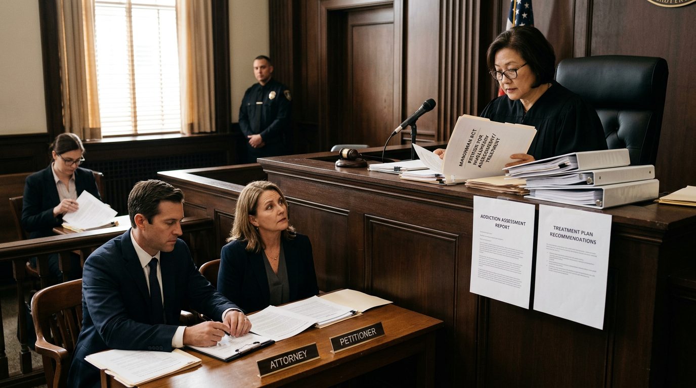 Judge reviewing Marchman Act commitment petition documents in courtroom with counsel and addiction assessment reports.