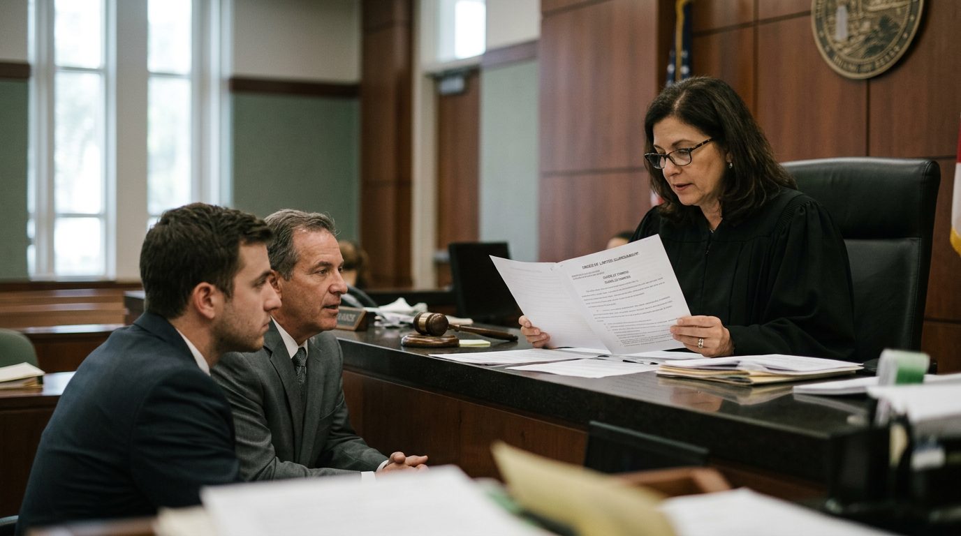 Judge reviewing Marchman Act guardianship documents with attorney and defendant present in courtroom.