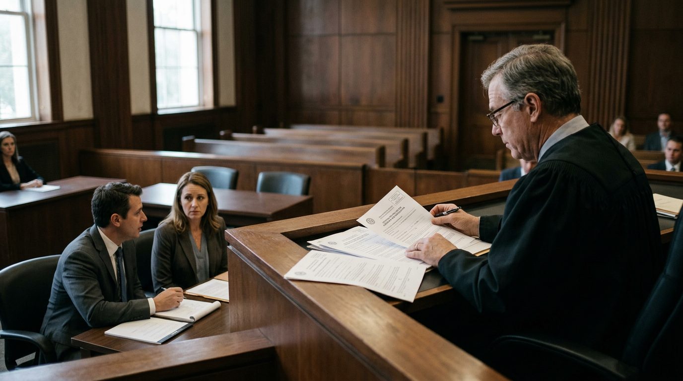 Judge reviewing Marchman Act involuntary commitment petition documents in courtroom during hearing.