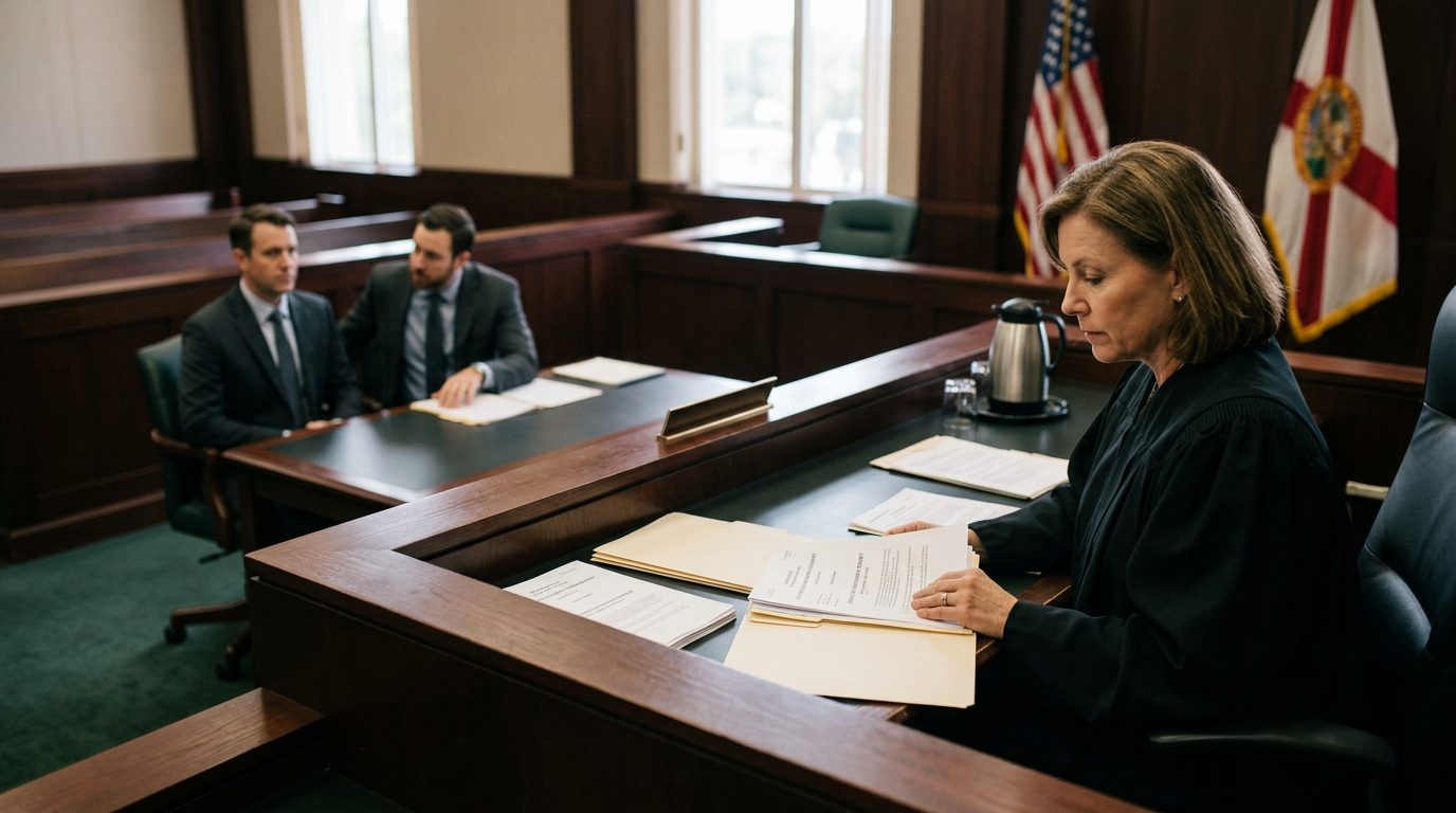 Judge reviewing Marchman Act involuntary commitment petition documents in Florida courtroom.