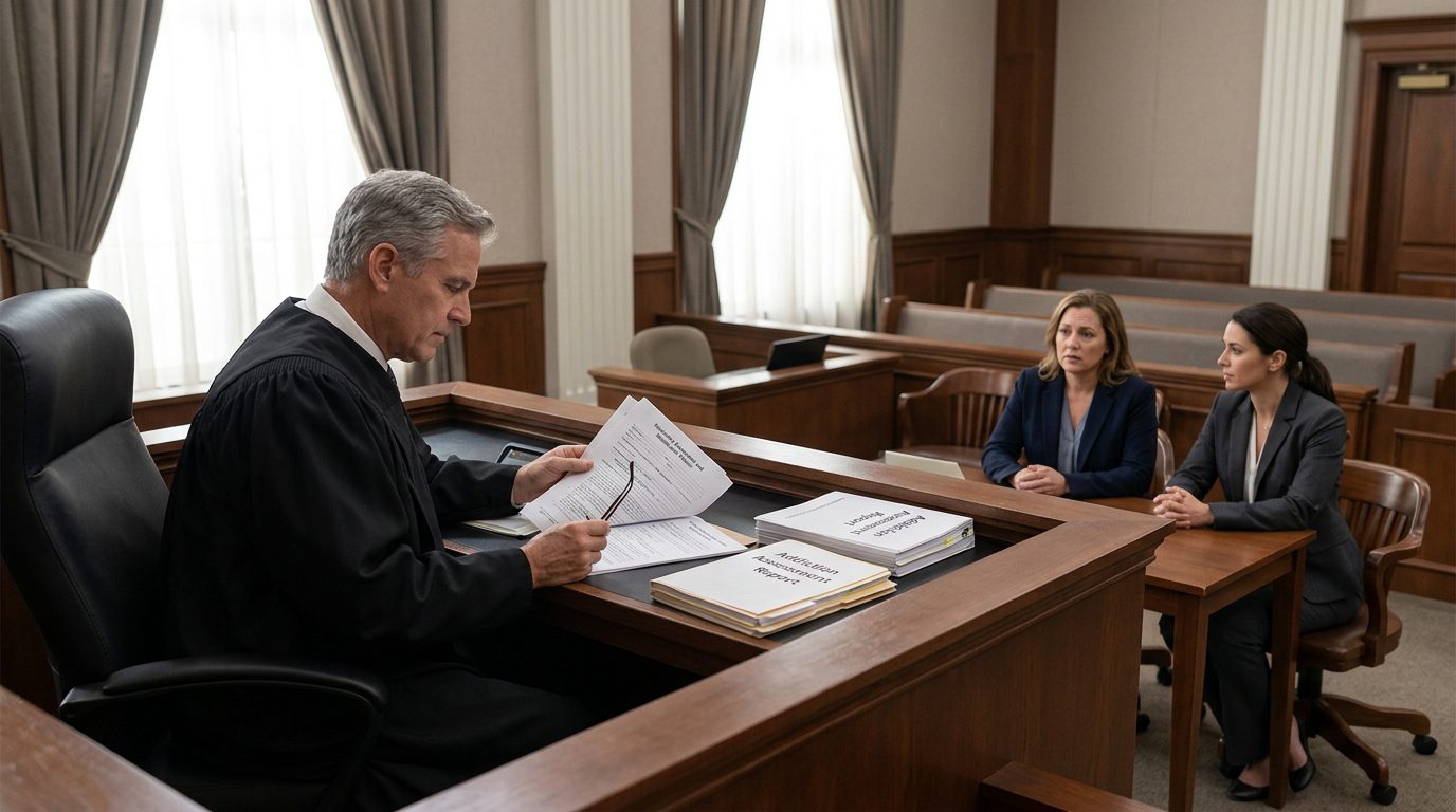 Judge reviewing Marchman Act involuntary commitment petition documents in courtroom with counsel present.