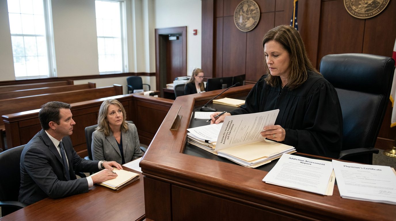 Judge reviewing Marchman Act involuntary commitment petition documents in courtroom with counsel present.