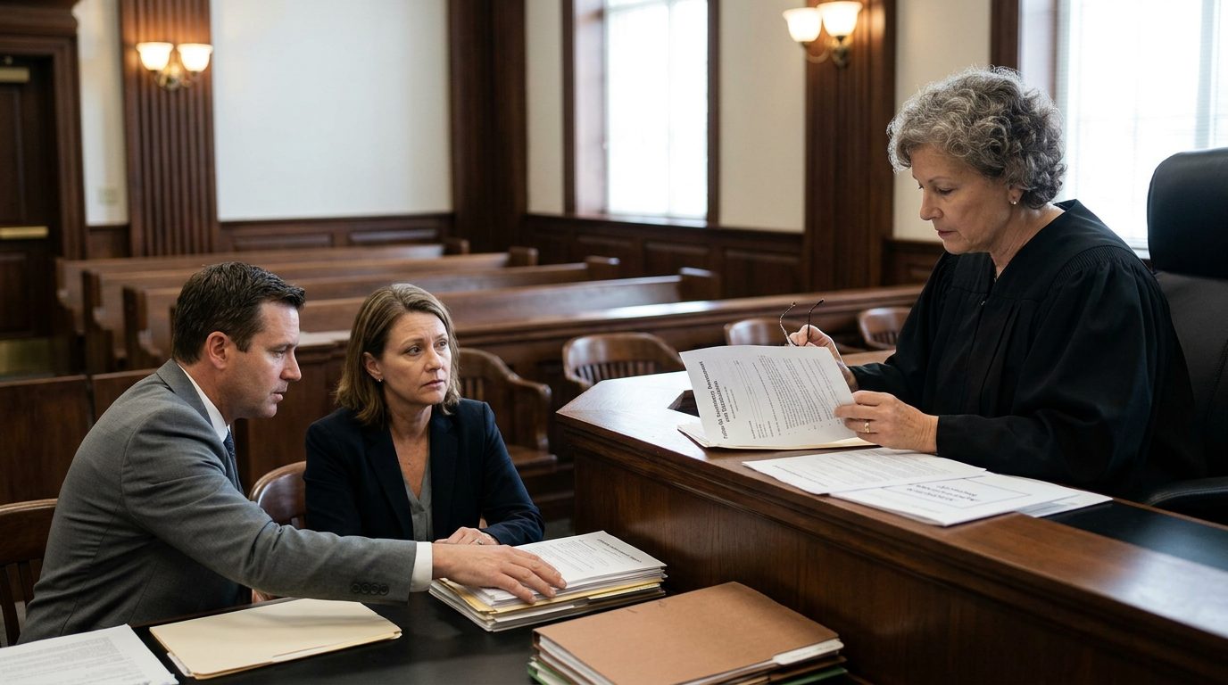 Judge reviewing Marchman Act involuntary commitment petition documents in Florida courtroom.