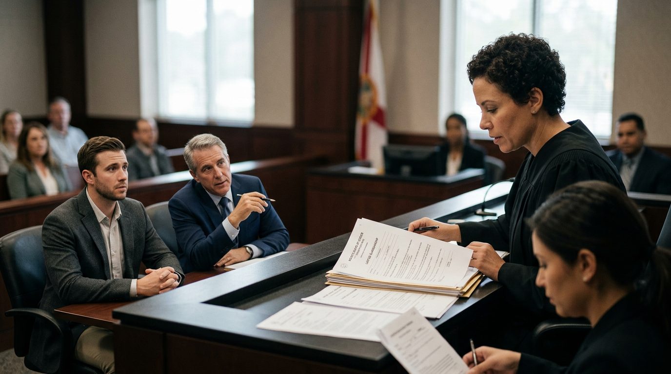Judge reviewing Marchman Act modification documents at courtroom bench with defendant and legal counsel present.