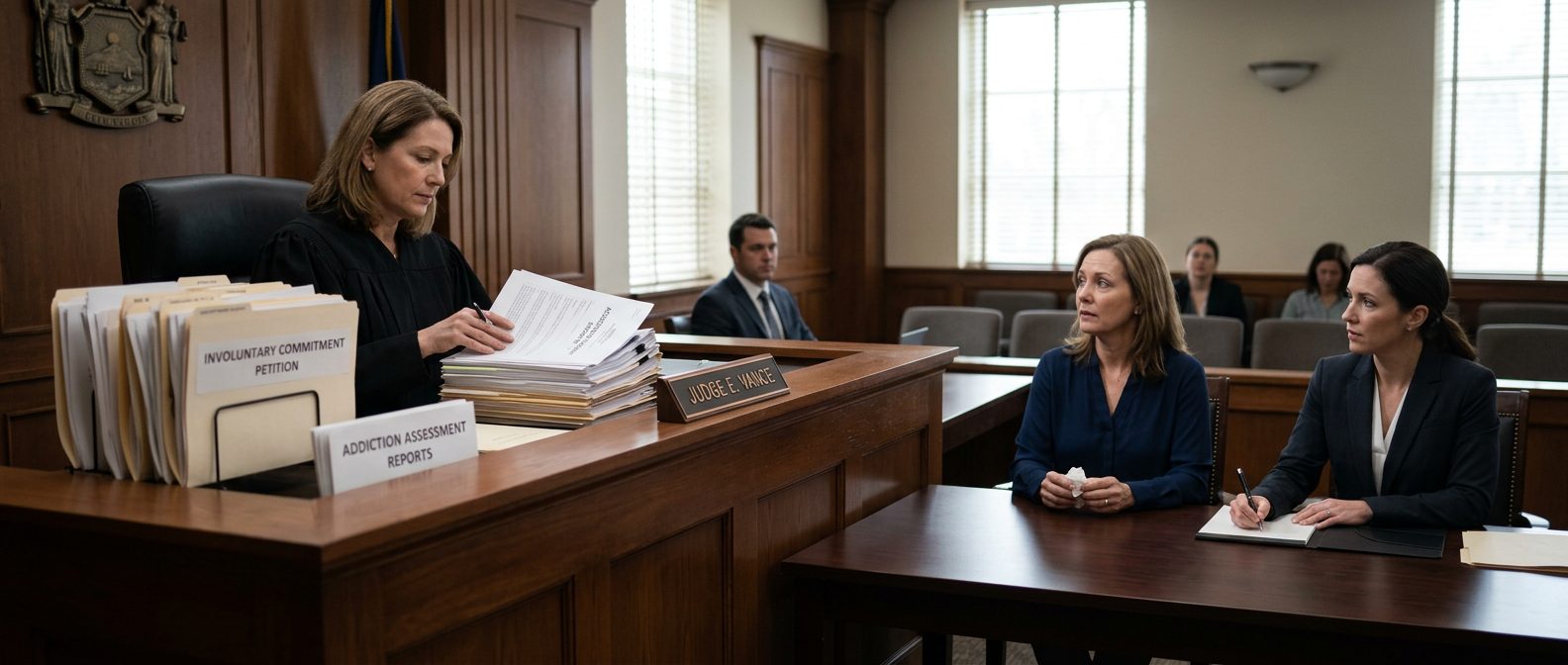Judge reviewing Marchman Act petition documents during involuntary commitment hearing in courtroom.