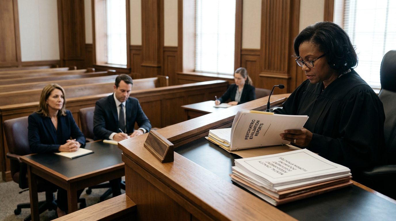 Judge reviewing psychiatric evaluation reports during a mental health guardianship hearing in Florida courtroom.