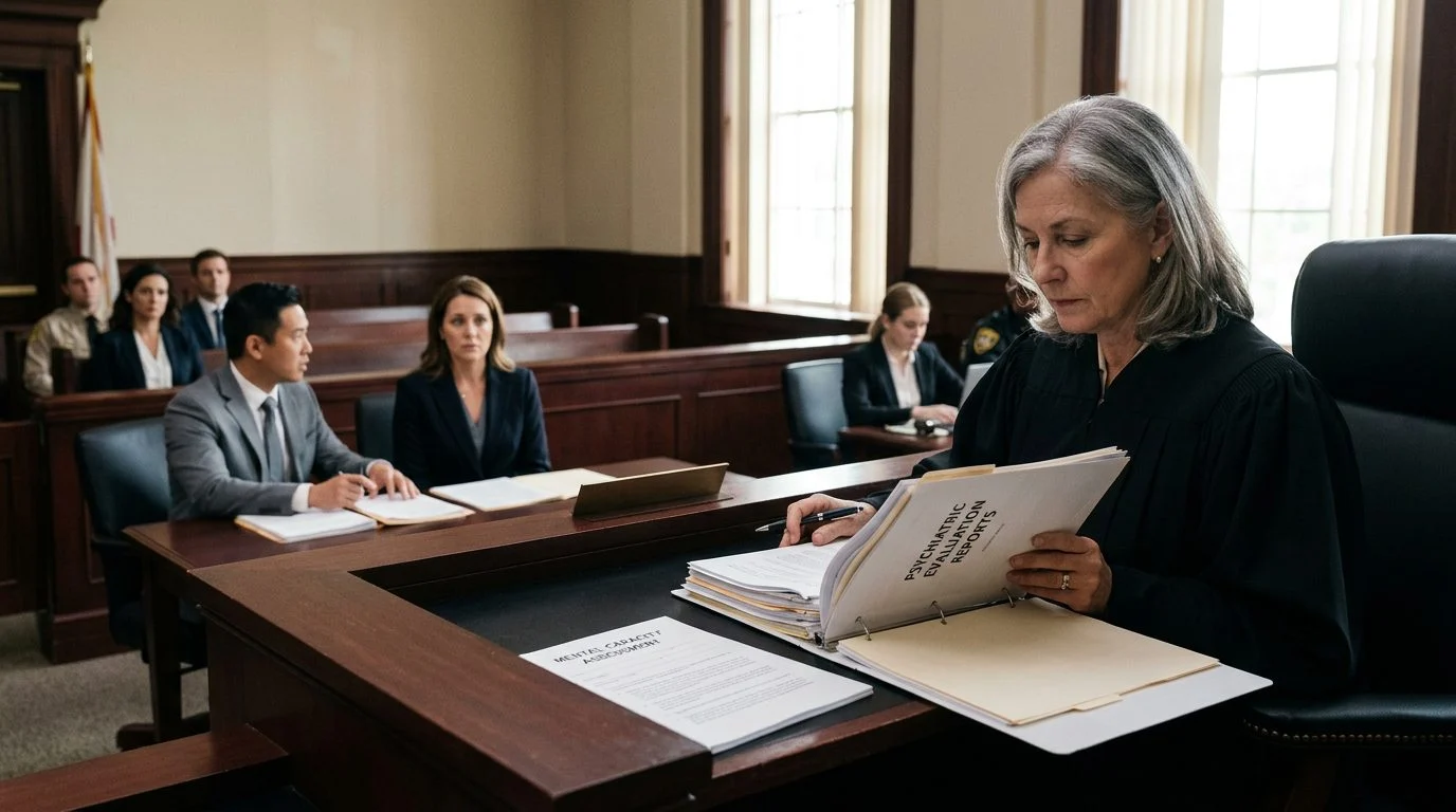 Judge reviewing psychiatric evaluation reports during a mental health guardianship hearing in courtroom.