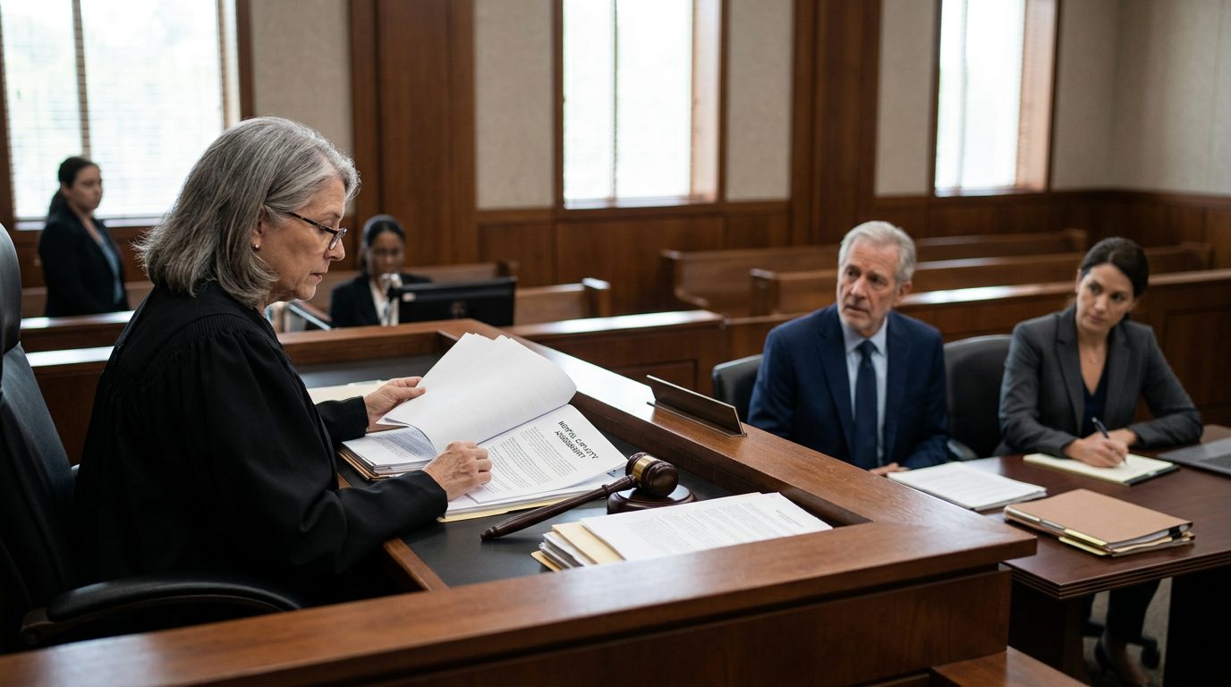 Judge reviewing psychiatric evaluation reports during a mental health guardianship hearing in a courtroom.