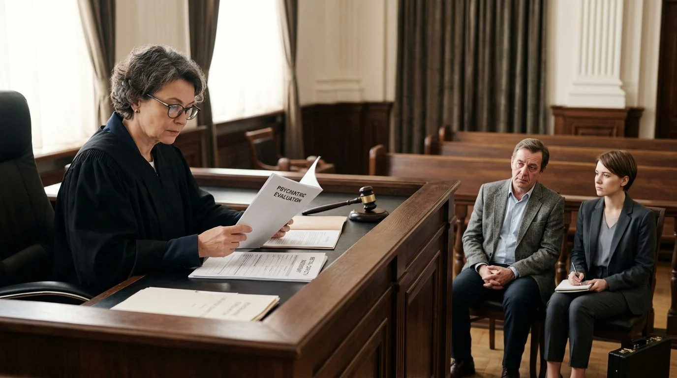 Judge reviewing psychiatric evaluation reports during a mental health guardianship hearing in courtroom.