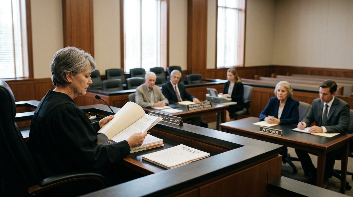 Judge reviewing psychiatric evaluation reports during a mental health guardianship hearing in Florida courtroom.