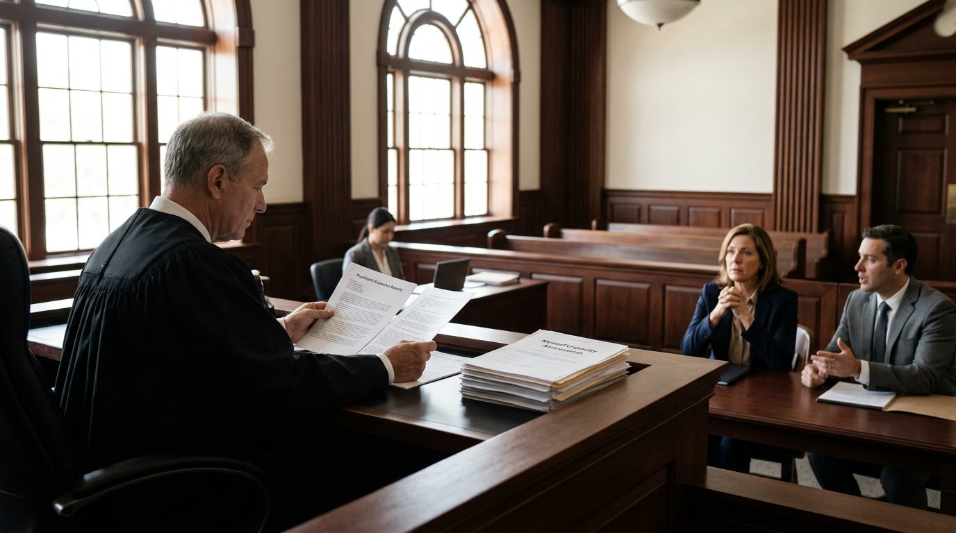 Judge reviewing psychiatric evaluation reports during mental health guardianship hearing in Florida courtroom.