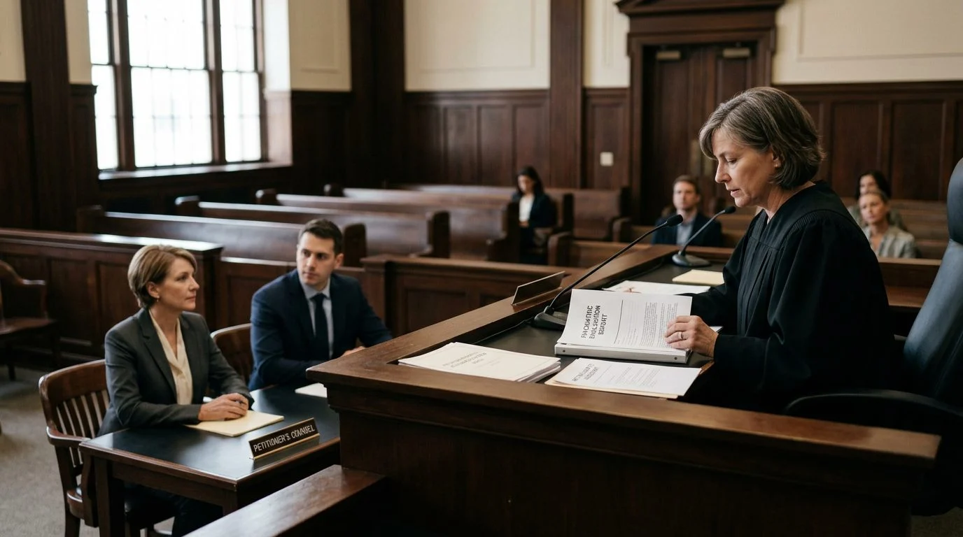 Judge reviewing psychiatric reports during a mental health guardianship hearing in courtroom.