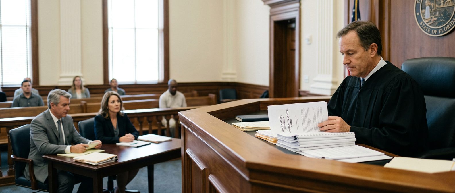 Judge reviewing psychiatric reports during a mental health guardianship hearing in Florida courtroom.