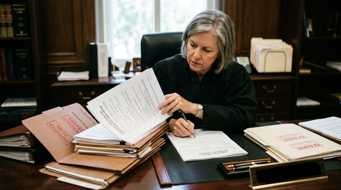 Judge reviewing urgent guardianship petition and temporary order forms in chambers.