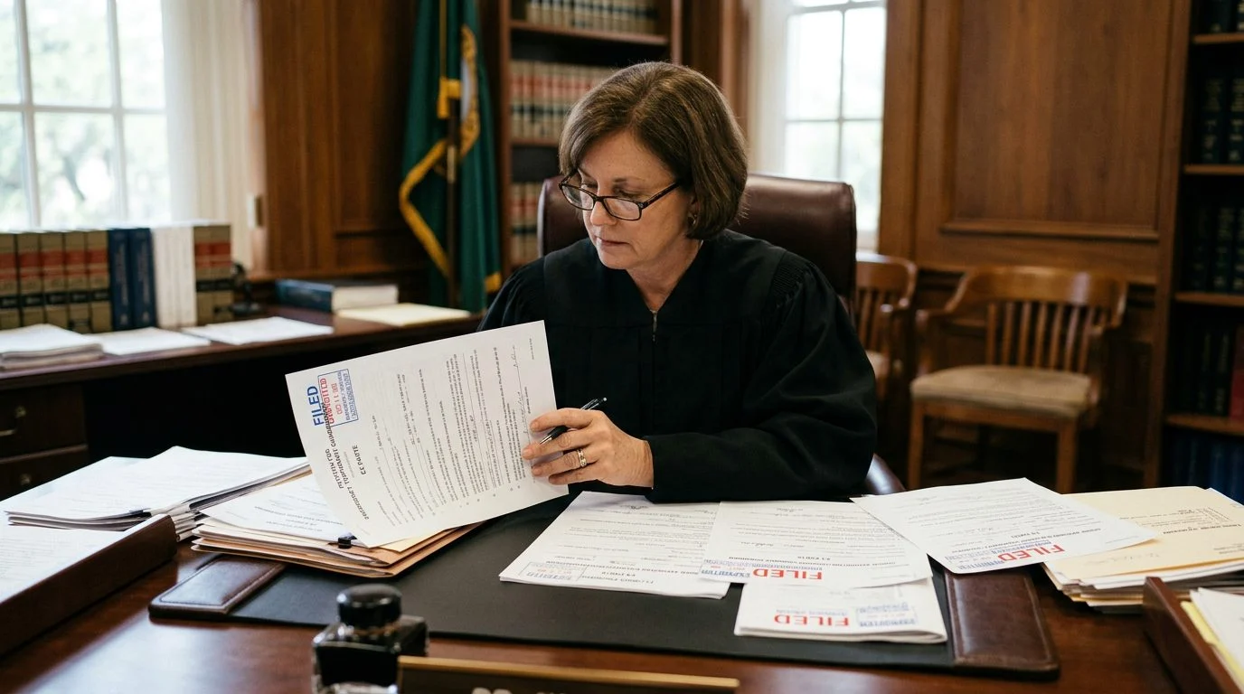 Judge reviewing urgent guardianship petition in chambers with expedited case files on bench.