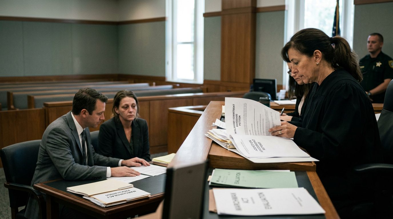 Judge reviews involuntary commitment petition documents during a Marchman Act hearing in courtroom.