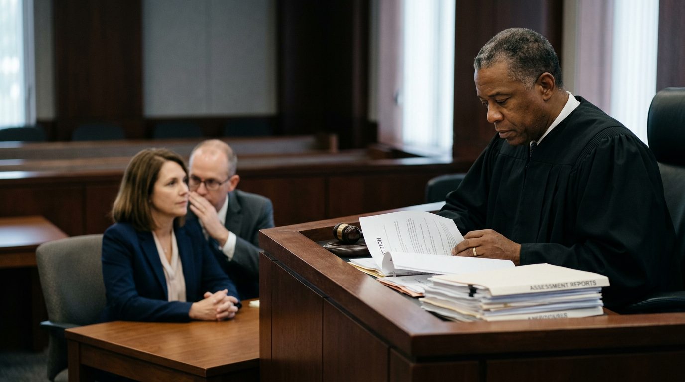 Judge reviews involuntary commitment petition documents during a Marchman Act hearing in Florida courtroom.