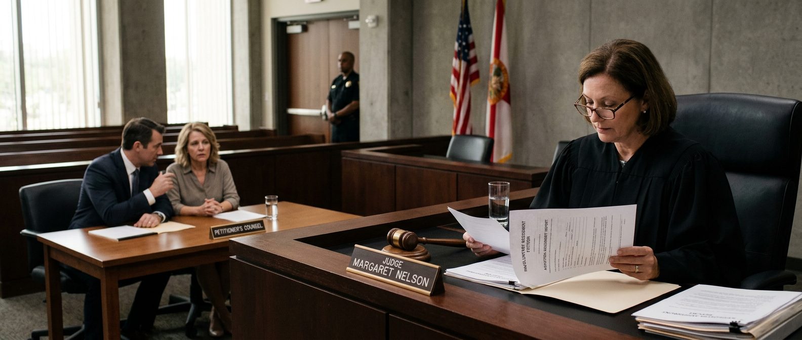 Judge reviews involuntary commitment petition documents during Marchman Act hearing in courtroom.