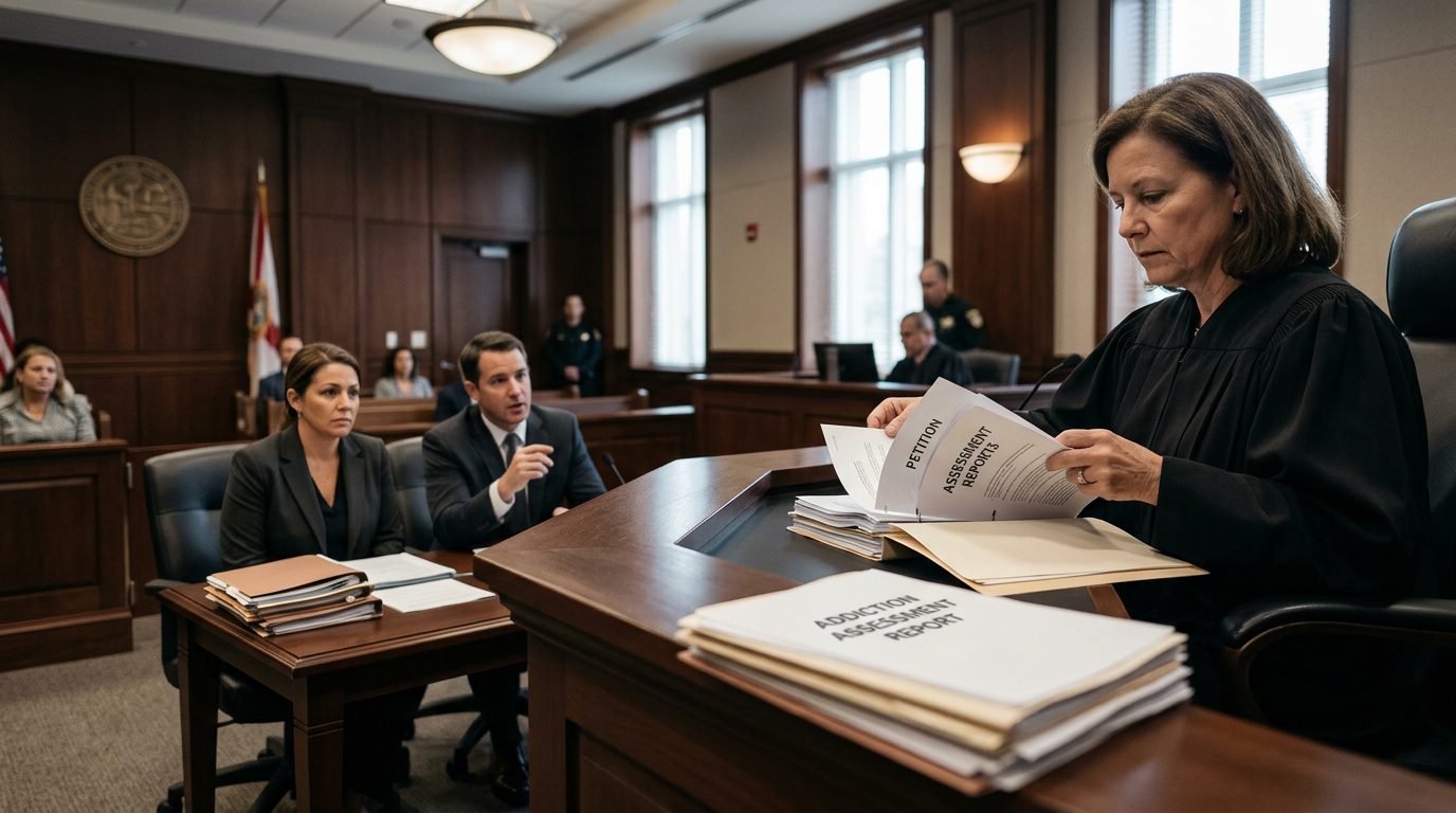 Judge reviews involuntary commitment petition documents during a Marchman Act hearing in Florida courtroom.