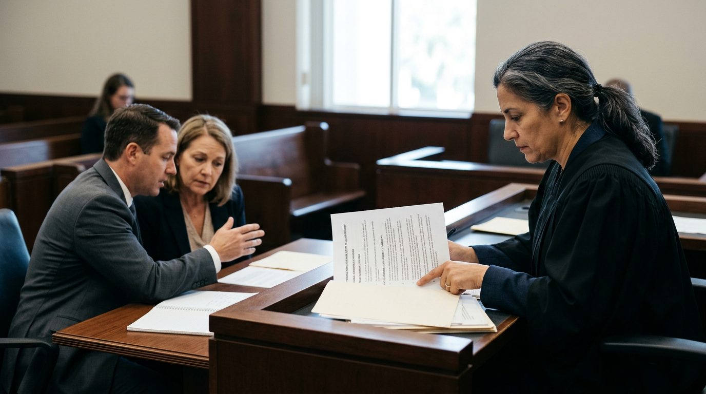 Judge reviews limited conservatorship documents in Florida courtroom with attorney and defendant present.