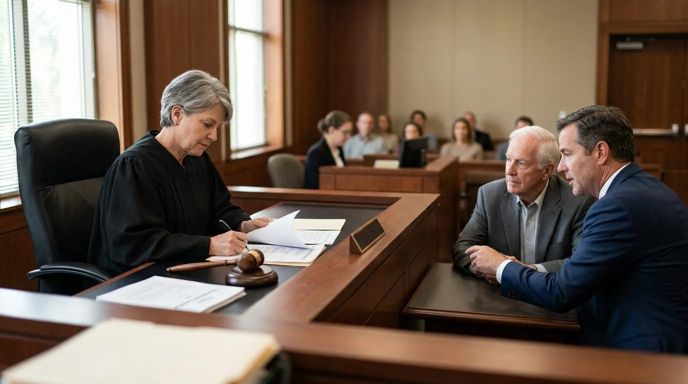 Judge reviews limited guardianship scope documents during courtroom hearing with defendant and legal counsel present.