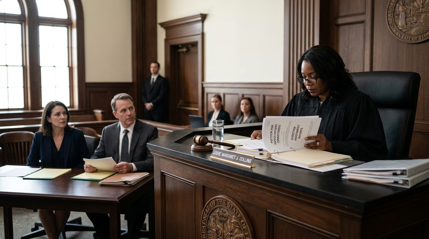 Judge reviews Marchman Act involuntary commitment petition documents during courtroom hearing.