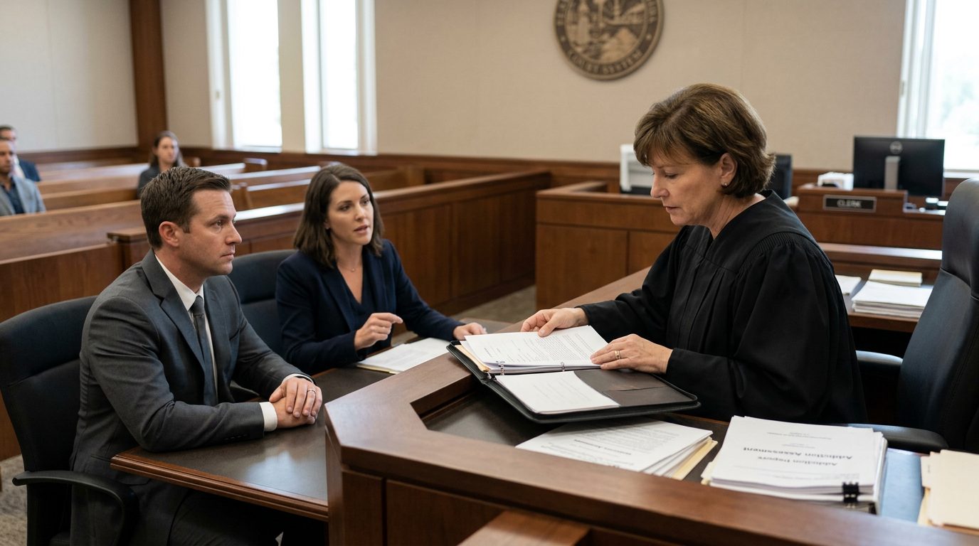 Judge reviews Marchman Act involuntary commitment petition documents in Florida courtroom.