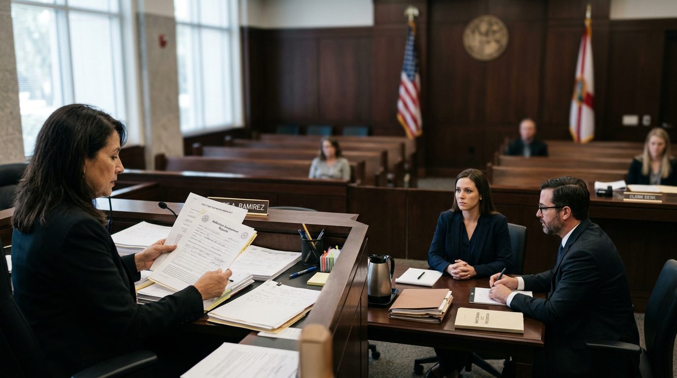 Judge reviews Marchman Act involuntary commitment petition documents in Florida courtroom with counsel present.