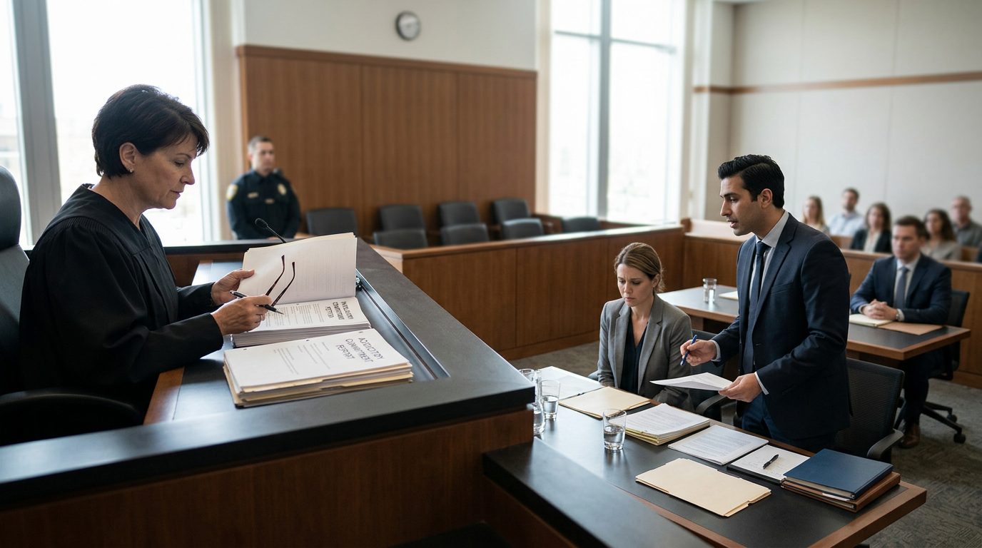 Judge reviews Marchman Act involuntary commitment petition with petitioner and counsel present in courtroom.