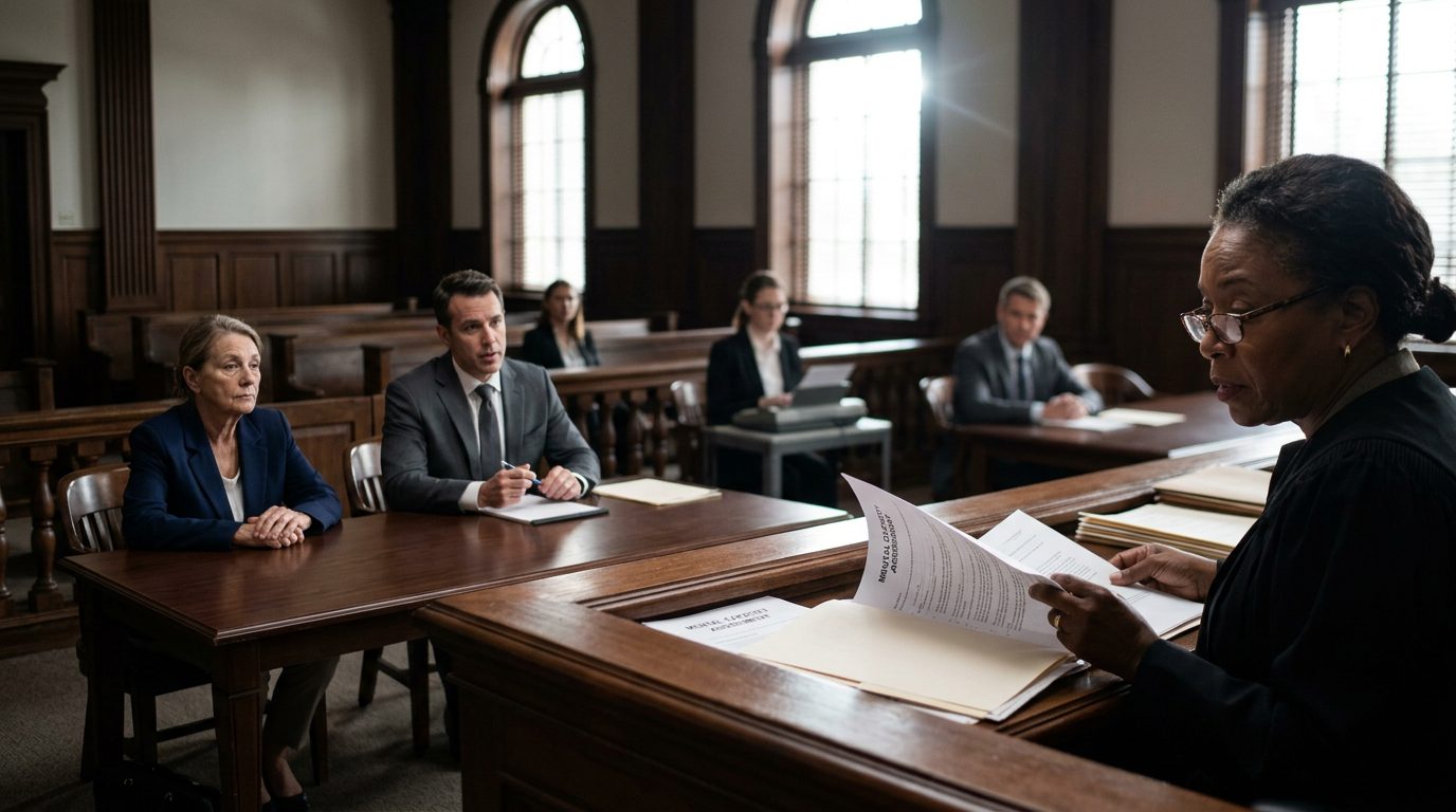 Judge reviews psychiatric evaluation reports during a mental health guardianship hearing in Florida courtroom.