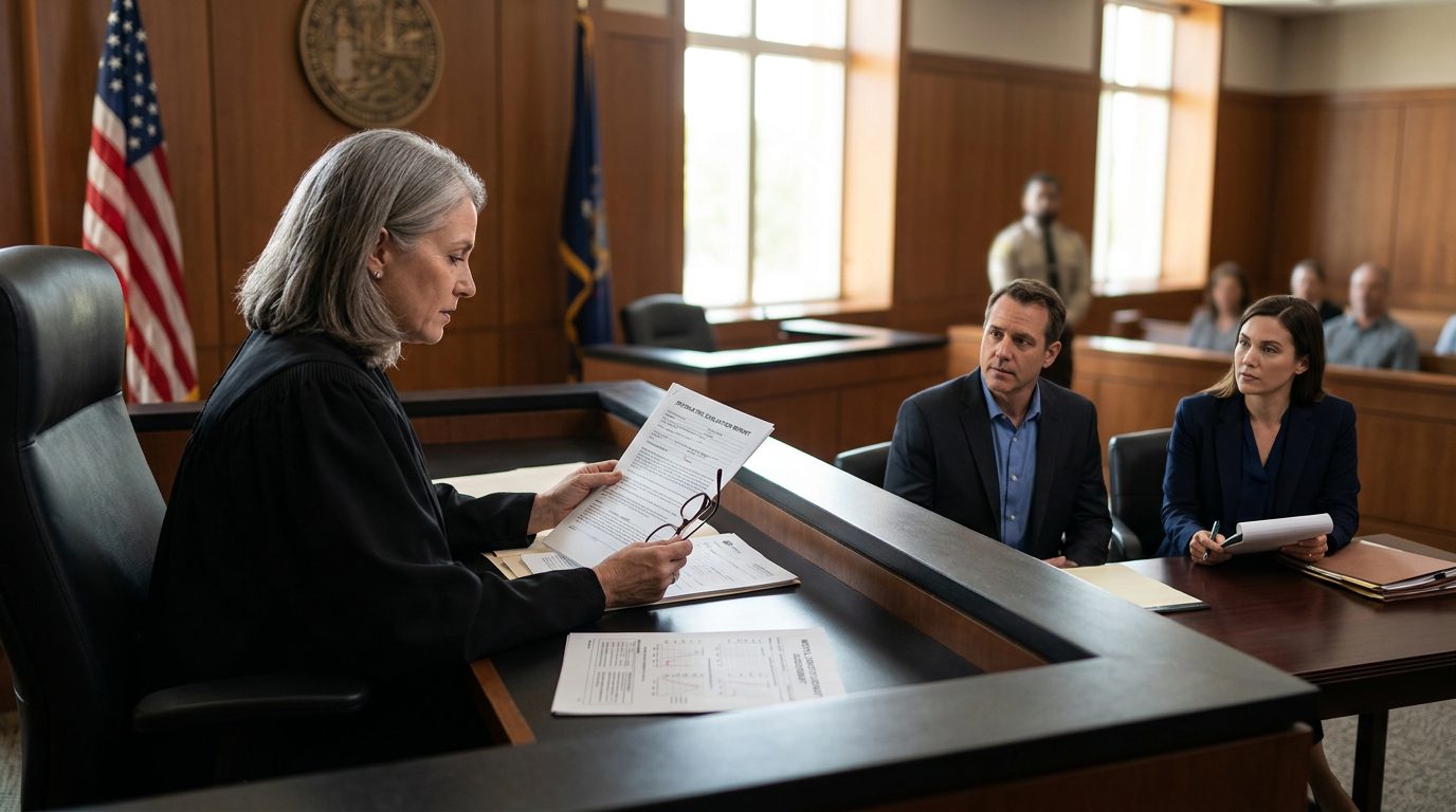 Judge reviews psychiatric evaluation reports during a mental health guardianship hearing in Florida courtroom.