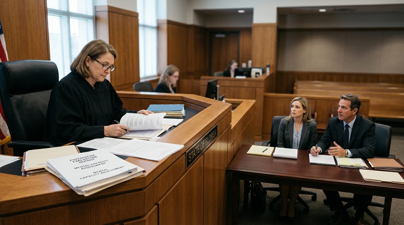 Judge reviews psychiatric evaluation reports during Florida guardianship hearing in courtroom.