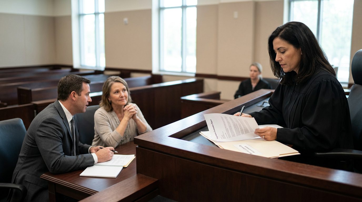 Judge reviews psychiatric evaluation reports during mental health guardianship hearing in courtroom.