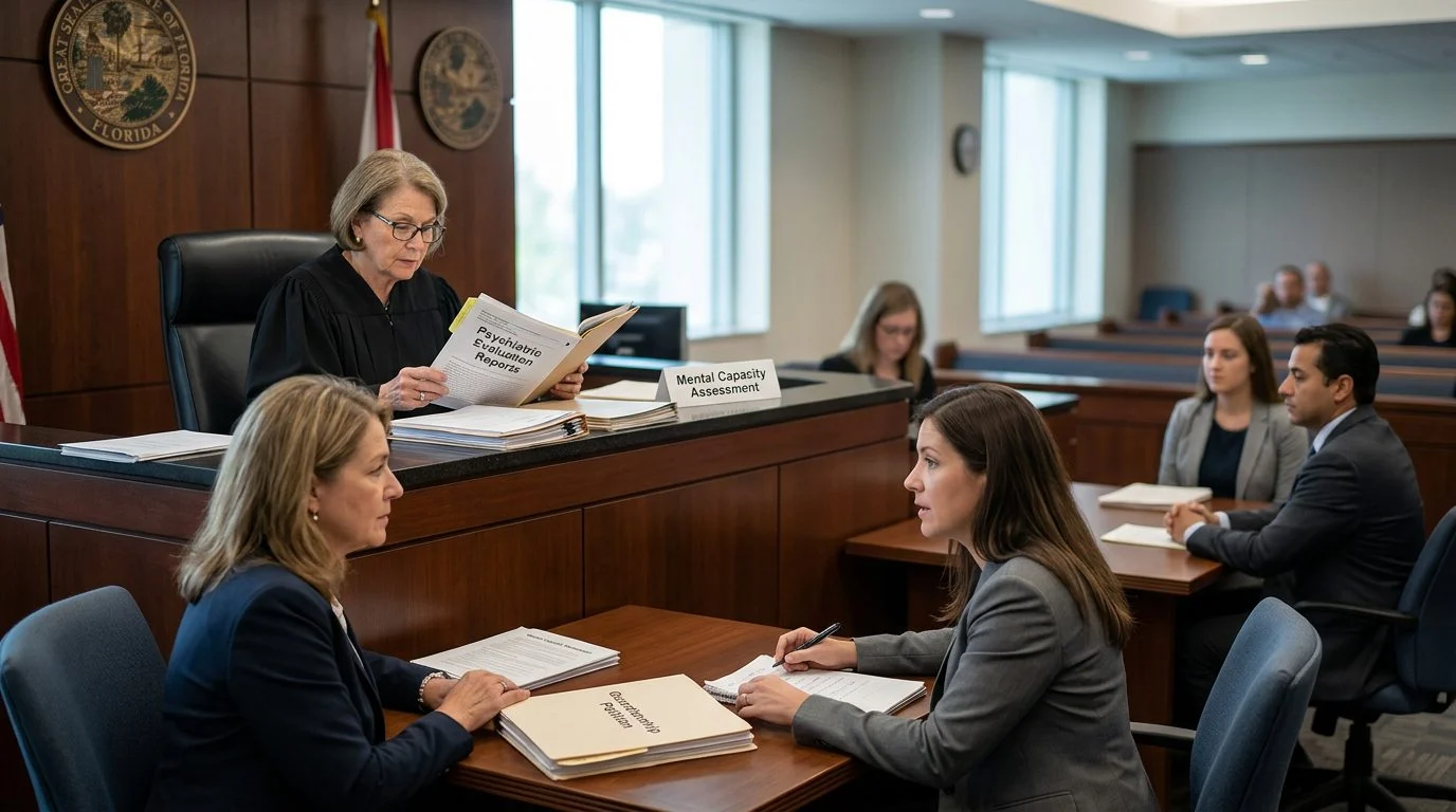 Judge reviews psychiatric evaluation reports during mental health guardianship hearing in courtroom.