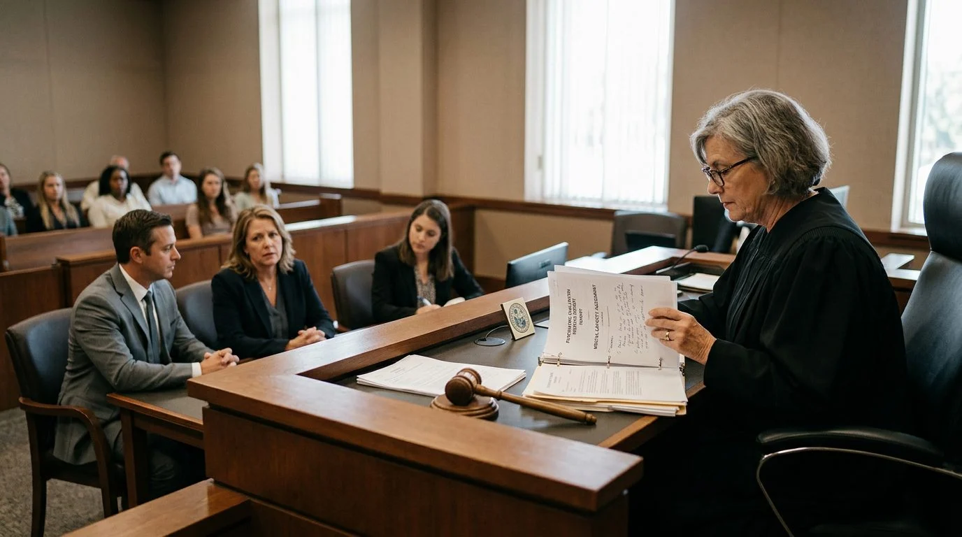 Judge reviews psychiatric evaluation reports during mental health guardianship hearing in Florida courtroom.