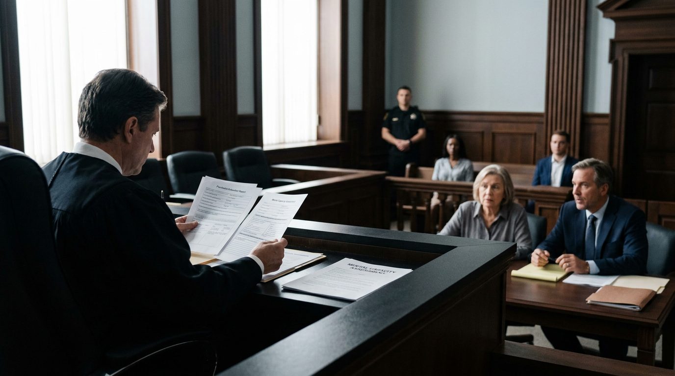 Judge reviews psychiatric evaluation reports during mental health guardianship hearing in Florida courtroom.