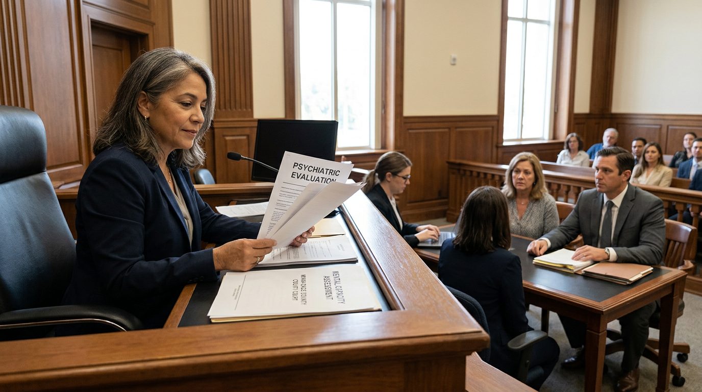 Judge reviews psychiatric evaluation reports during mental health guardianship hearing in courtroom.