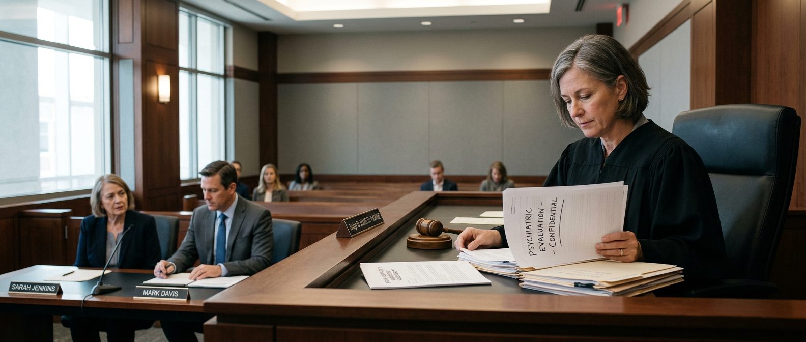 Judge reviews psychiatric reports during mental health guardianship hearing in courtroom.