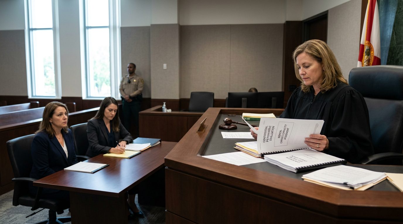 Judge reviews psychiatric reports during mental health guardianship hearing in Florida courtroom.