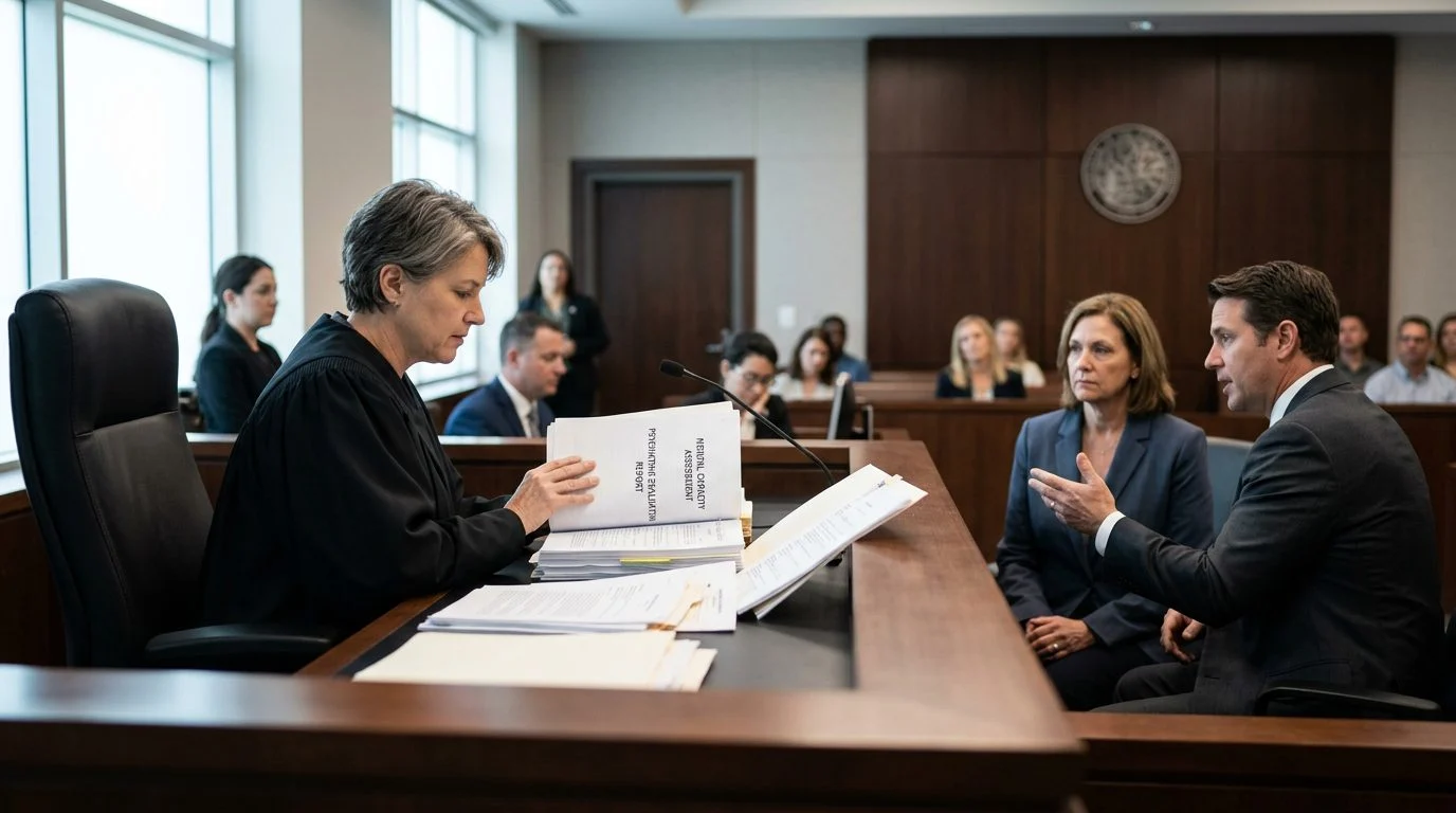 Judge reviews psychiatric reports during mental health guardianship hearing in Florida courtroom.