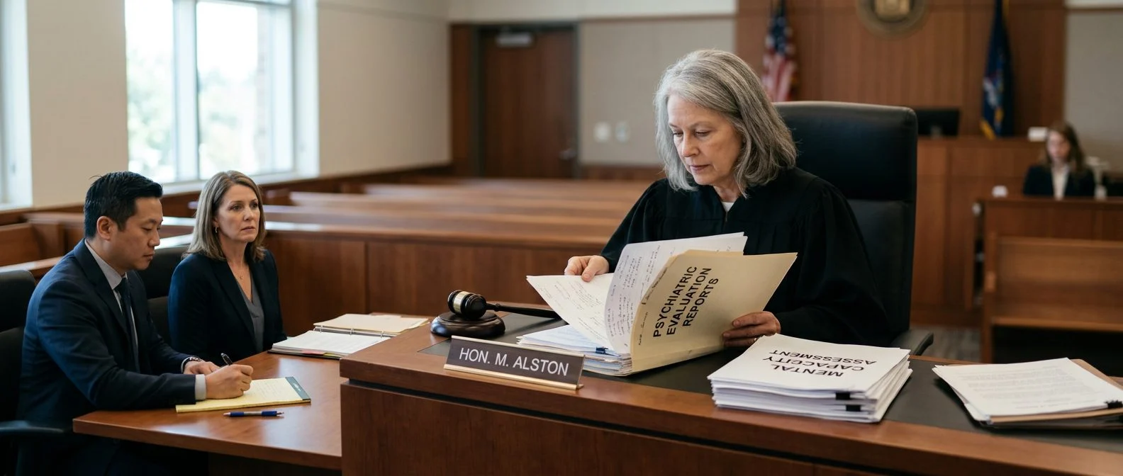 Judge reviews psychiatric reports during mental health guardianship hearing in courtroom.
