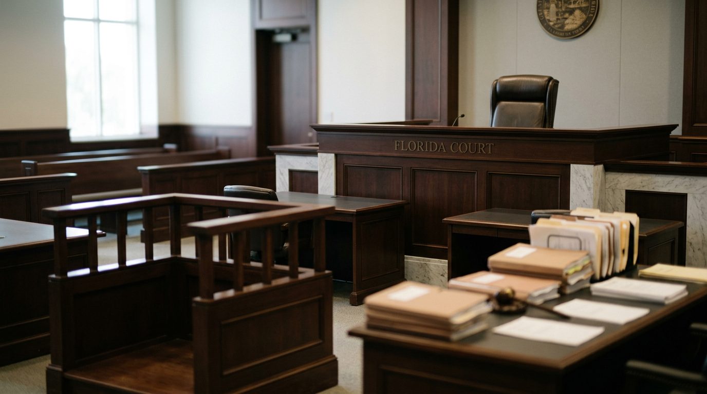 Judge's bench and clerk's desk in a Florida courtroom during a plenary guardianship hearing.