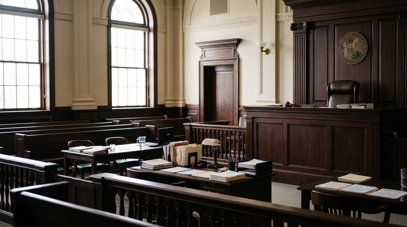 Judge's bench and clerk's desk in a Florida courtroom during a plenary guardianship hearing.
