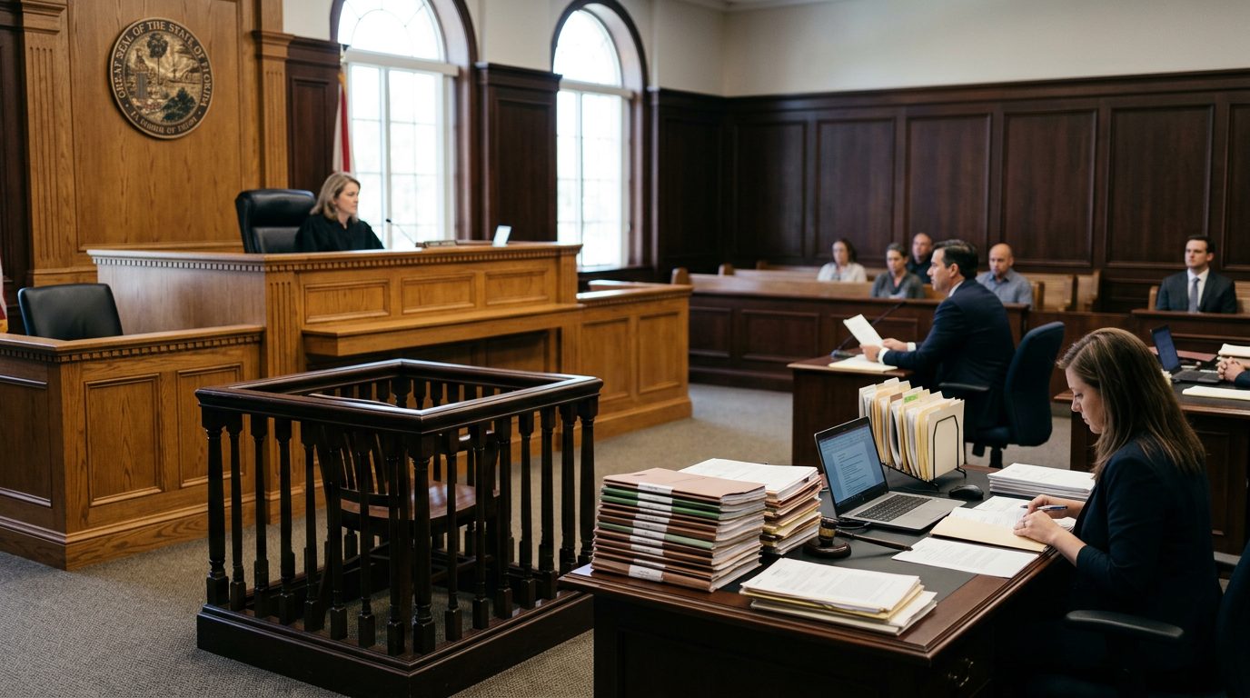 Judge's bench and clerk's desk in a Florida courtroom during a guardianship hearing.