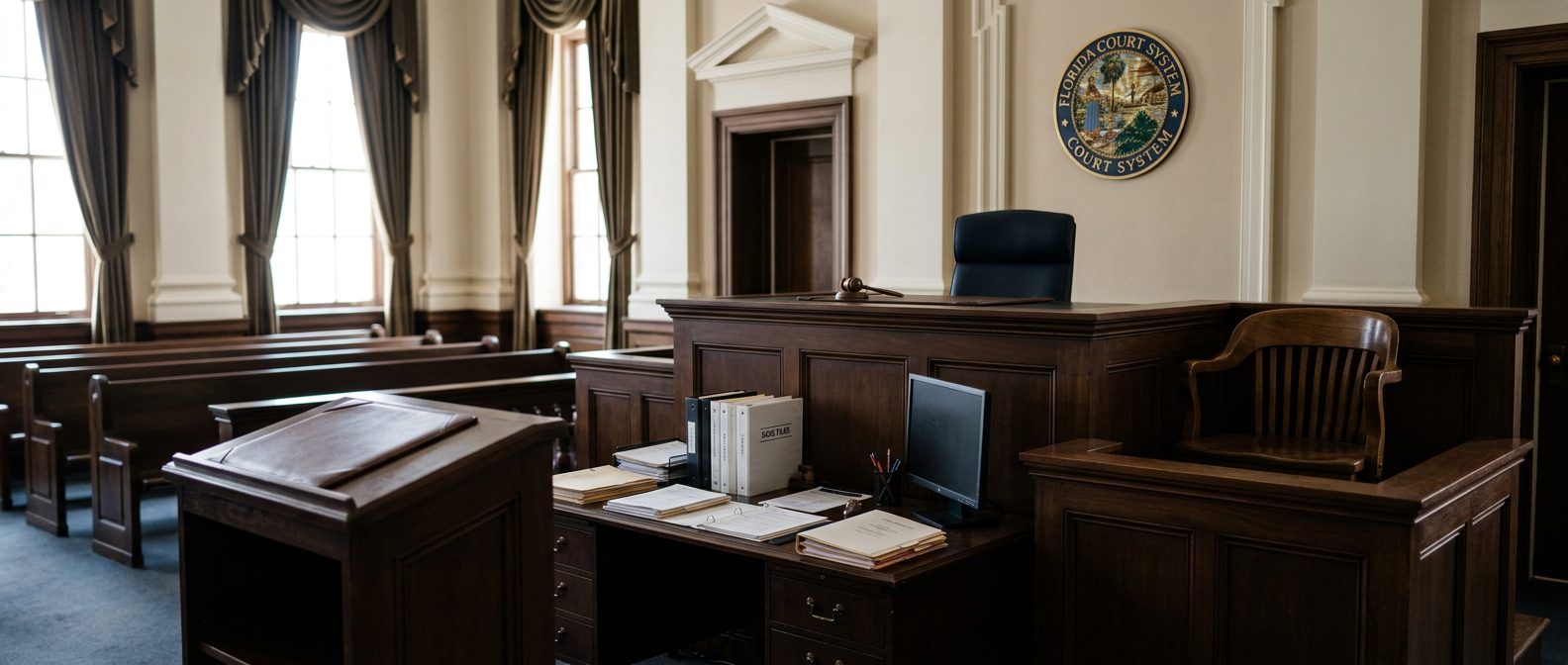 Judge's bench and clerk's desk in a Florida courtroom during a plenary guardianship hearing.