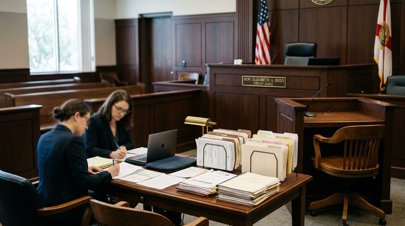 Judge's bench and clerk's desk in a Florida courtroom during a guardianship hearing.