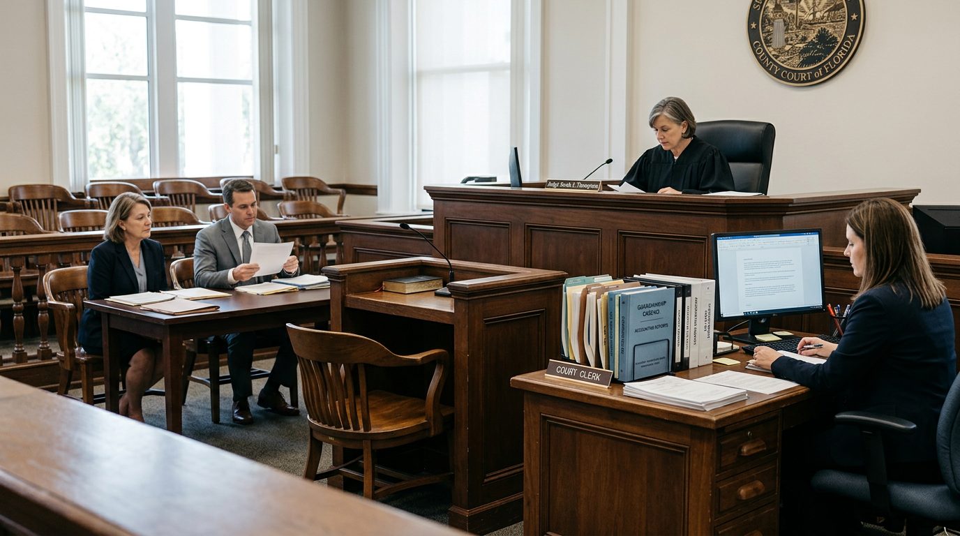 Judge's bench and clerk's desk in a Florida courtroom during a plenary guardianship hearing.