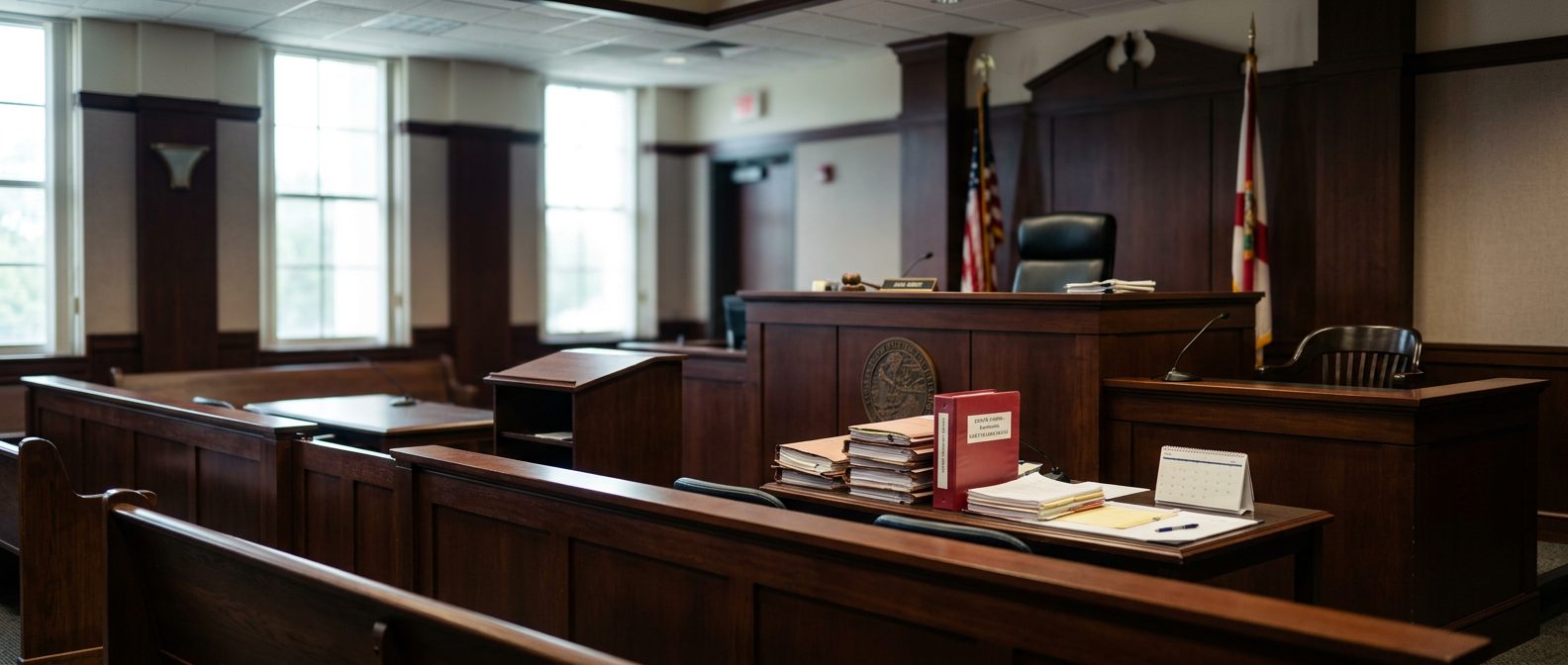 Judge's bench and clerk's desk in a Florida courtroom during a plenary guardianship hearing.